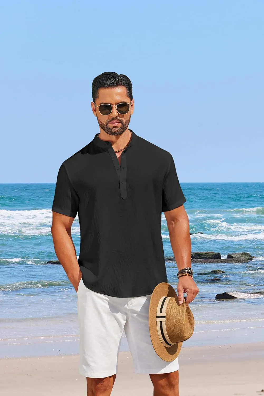 COOFANDY Men's Casual Henley Shirt Short Sleeve Linen Shirt Band Collar Summer Hippie Beach T-Shirts