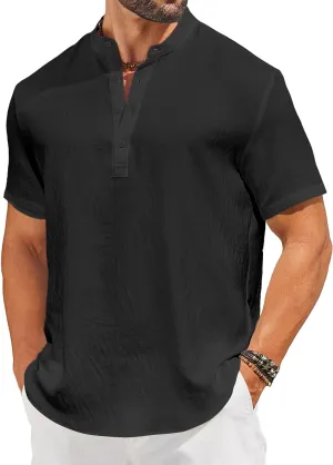 COOFANDY Men's Casual Henley Shirt Short Sleeve Linen Shirt Band Collar Summer Hippie Beach T-Shirts