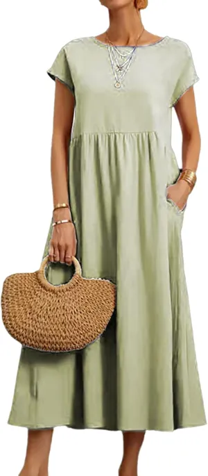 Cotton Dresses for Women 2024 Casual Summer Tee Shirt Midi Long Dress Short Sleeve T Shirts Dresses with Pockets