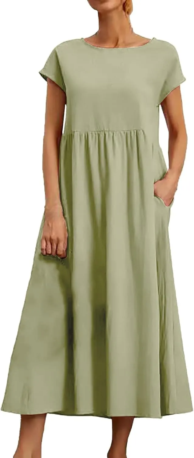 Cotton Dresses for Women 2024 Casual Summer Tee Shirt Midi Long Dress Short Sleeve T Shirts Dresses with Pockets