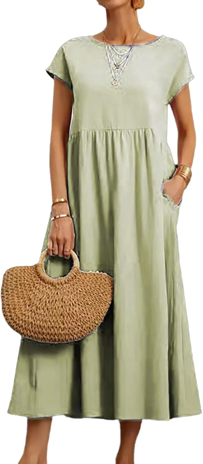 Cotton Dresses for Women 2024 Casual Summer Tee Shirt Midi Long Dress Short Sleeve T Shirts Dresses with Pockets