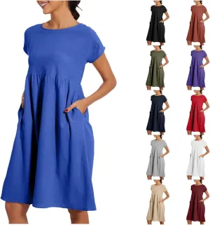 Cotton Dresses for Women 2025 Casual Summer Midi Dress Plus Size Short Sleeve Knee Length T Shirt Dress with Pockets