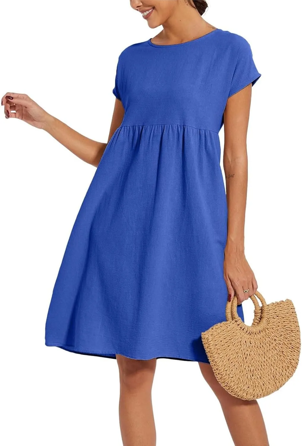 Cotton Dresses for Women 2025 Casual Summer Midi Dress Plus Size Short Sleeve Knee Length T Shirt Dress with Pockets