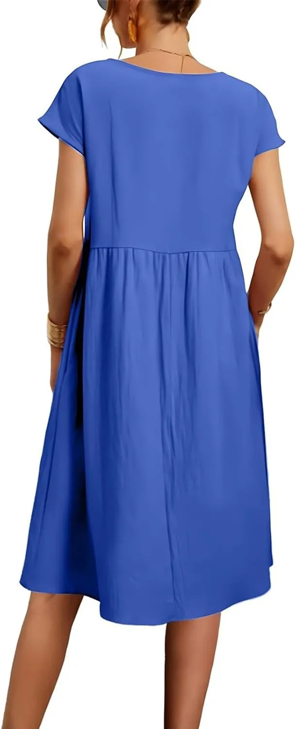 Cotton Dresses for Women 2025 Casual Summer Midi Dress Plus Size Short Sleeve Knee Length T Shirt Dress with Pockets