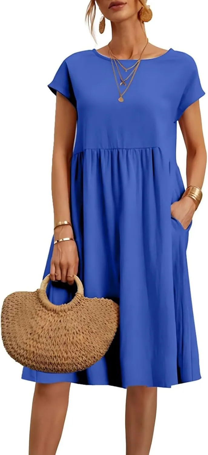 Cotton Dresses for Women 2025 Casual Summer Midi Dress Plus Size Short Sleeve Knee Length T Shirt Dress with Pockets