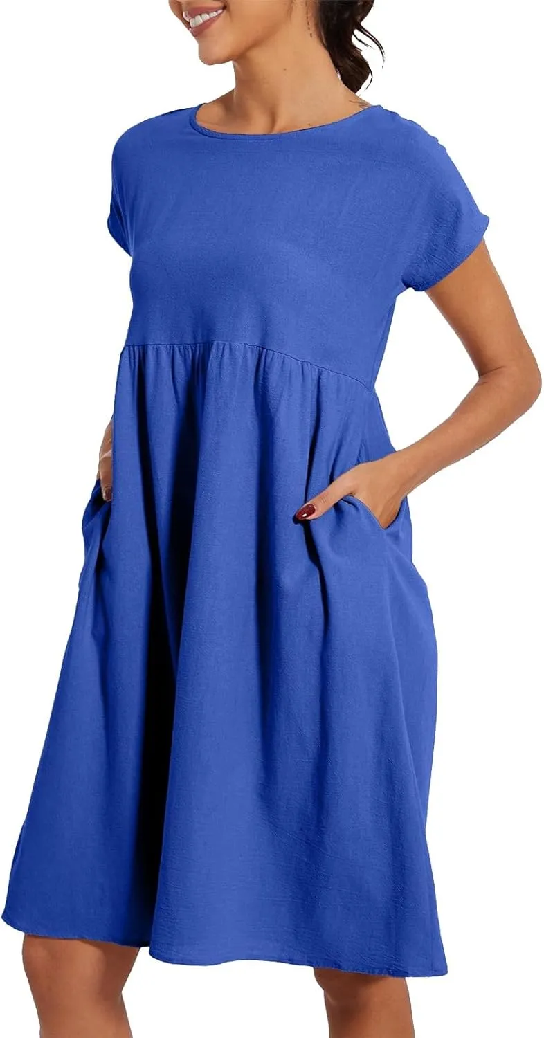 Cotton Dresses for Women 2025 Casual Summer Midi Dress Plus Size Short Sleeve Knee Length T Shirt Dress with Pockets