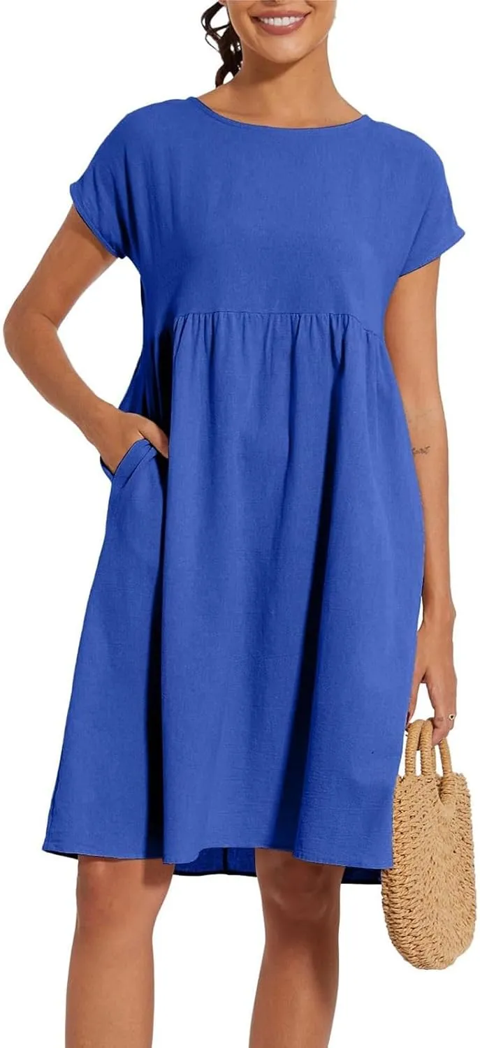 Cotton Dresses for Women 2025 Casual Summer Midi Dress Plus Size Short Sleeve Knee Length T Shirt Dress with Pockets