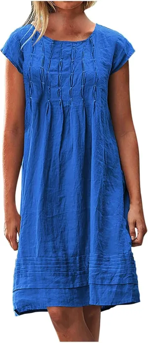 Cotton Linen Dress for Womens Vintage Summer Casual Short Sleeve Ruched T Shirts Dress Loose Fit A-Line Beach Sundress