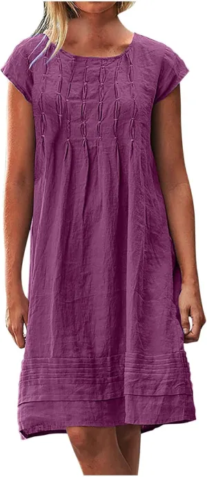 Cotton Linen Dress for Womens Vintage Summer Casual Short Sleeve Ruched T Shirts Dress Loose Fit A-Line Beach Sundress
