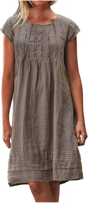 Cotton Linen Dress for Womens Vintage Summer Casual Short Sleeve Ruched T Shirts Dress Loose Fit A-Line Beach Sundress