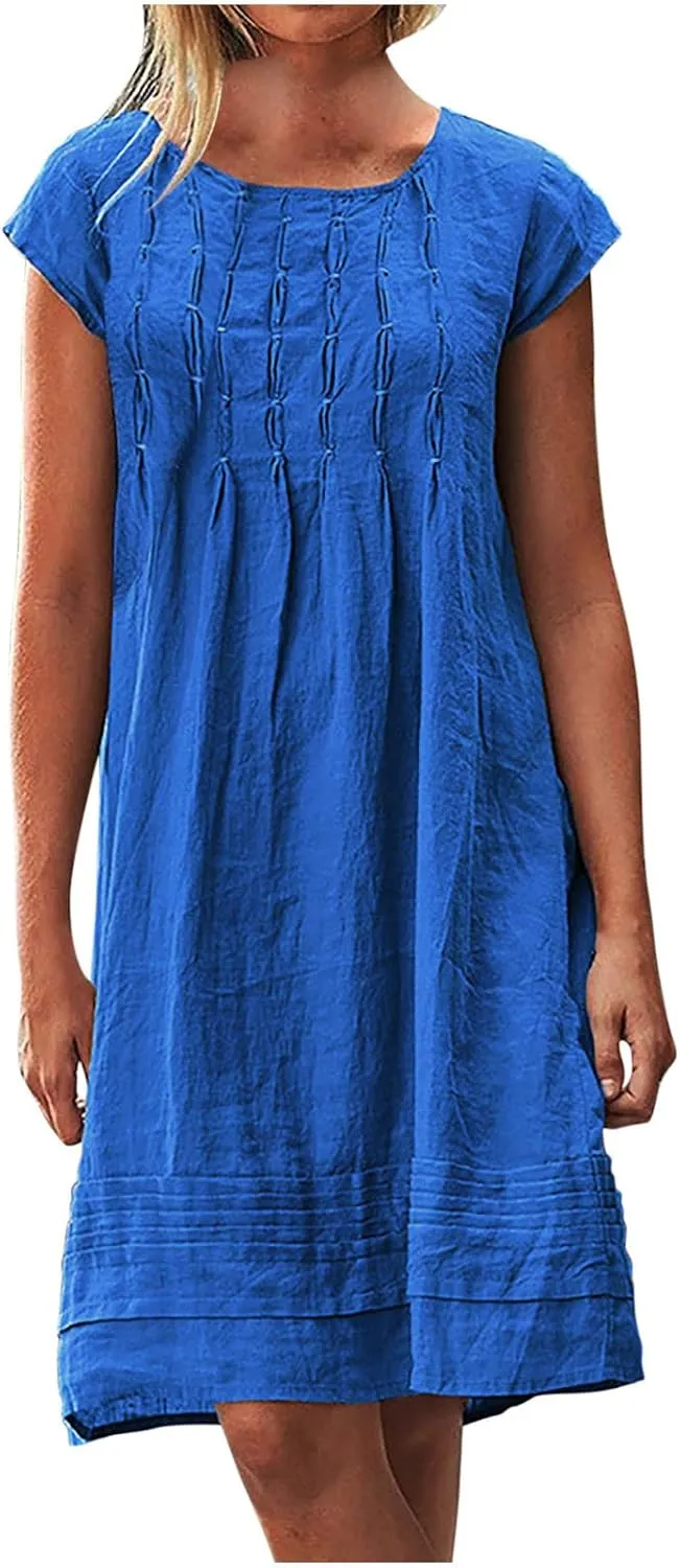 Cotton Linen Dress for Womens Vintage Summer Casual Short Sleeve Ruched T Shirts Dress Loose Fit A-Line Beach Sundress
