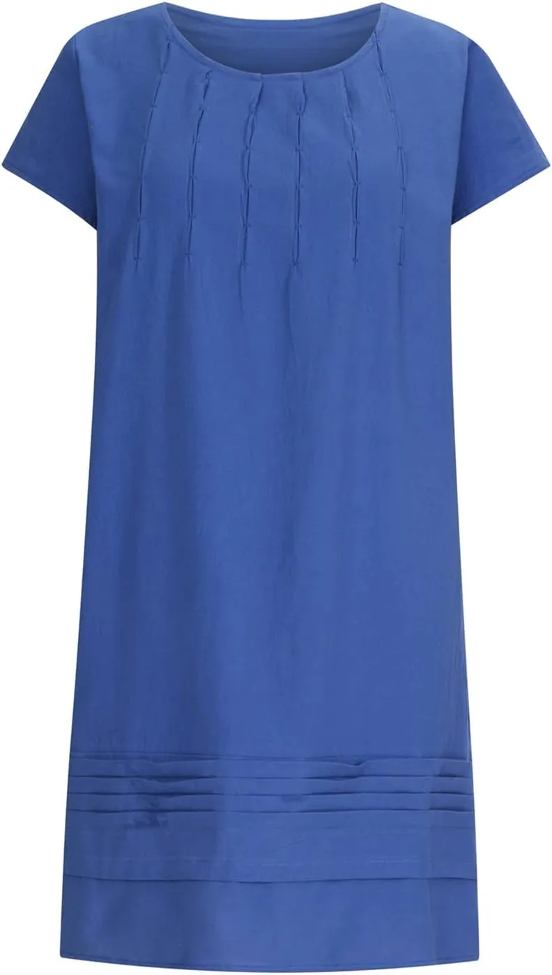 Cotton Linen Dress for Womens Vintage Summer Casual Short Sleeve Ruched T Shirts Dress Loose Fit A-Line Beach Sundress
