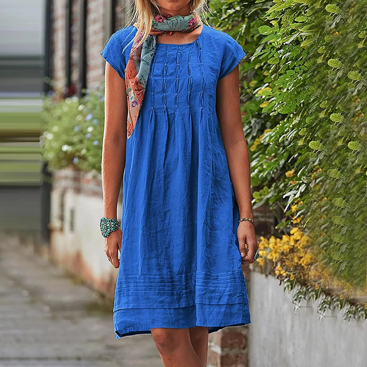 Cotton Linen Dress for Womens Vintage Summer Casual Short Sleeve Ruched T Shirts Dress Loose Fit A-Line Beach Sundress