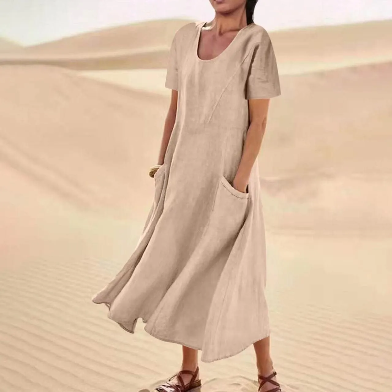 Cotton Linen Short Sleeve Maxi Dresses Women Summer Casual Loose Fit A-Line Dress Flowy T Shirt Dress with Pockets