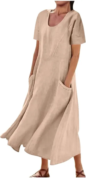 Cotton Linen Short Sleeve Maxi Dresses Women Summer Casual Loose Fit A-Line Dress Flowy T Shirt Dress with Pockets