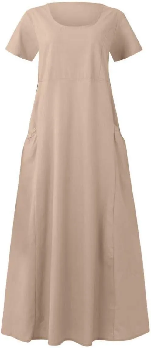 Cotton Linen Short Sleeve Maxi Dresses Women Summer Casual Loose Fit A-Line Dress Flowy T Shirt Dress with Pockets