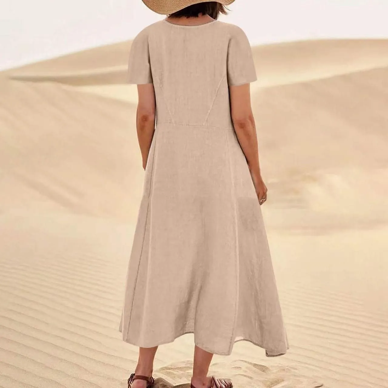Cotton Linen Short Sleeve Maxi Dresses Women Summer Casual Loose Fit A-Line Dress Flowy T Shirt Dress with Pockets