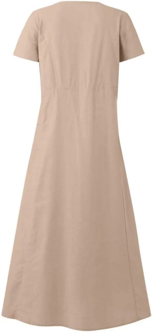 Cotton Linen Short Sleeve Maxi Dresses Women Summer Casual Loose Fit A-Line Dress Flowy T Shirt Dress with Pockets