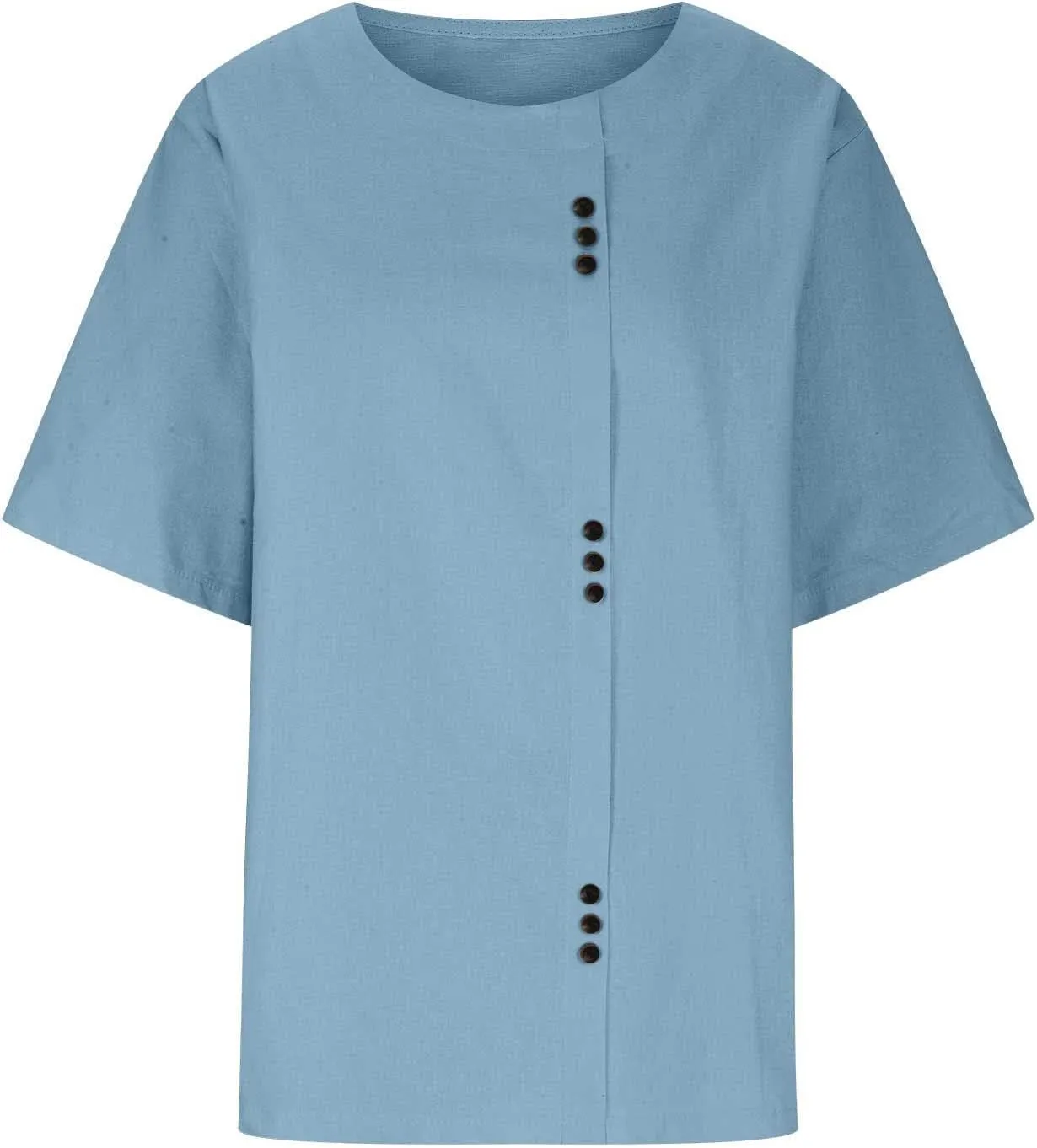 Cotton Linen Tops for Women Causal Short Sleeve Buttons Shirts Loose Fit Solid Crewneck Blouse 2025 Summer Clothes