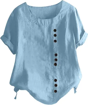 Cotton Linen Tops for Women Causal Short Sleeve Buttons Shirts Loose Fit Solid Crewneck Blouse 2025 Summer Clothes