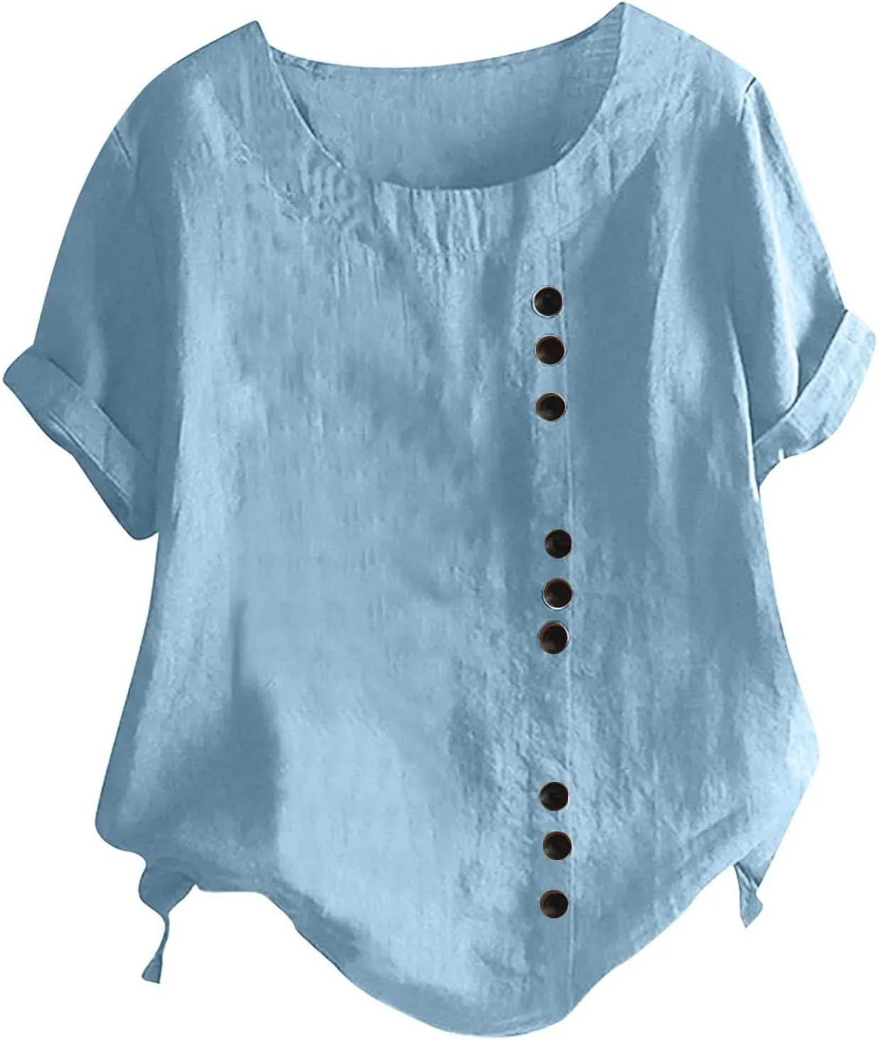 Cotton Linen Tops for Women Causal Short Sleeve Buttons Shirts Loose Fit Solid Crewneck Blouse 2025 Summer Clothes
