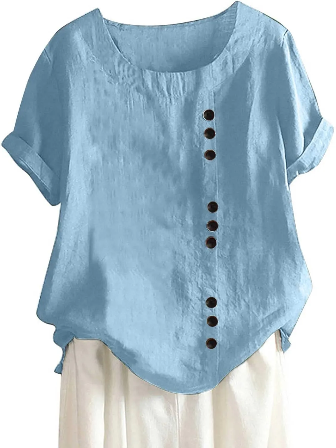 Cotton Linen Tops for Women Causal Short Sleeve Buttons Shirts Loose Fit Solid Crewneck Blouse 2025 Summer Clothes