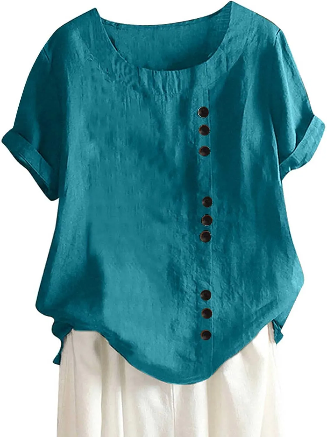 Cotton T Shirts Women Short Sleeve Crewneck Button Down Cotton Linen Blouses Causal Dressy Summer Beach Tops Pullover