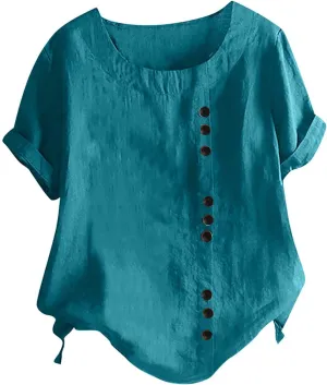 Cotton T Shirts Women Short Sleeve Crewneck Button Down Cotton Linen Blouses Causal Dressy Summer Beach Tops Pullover