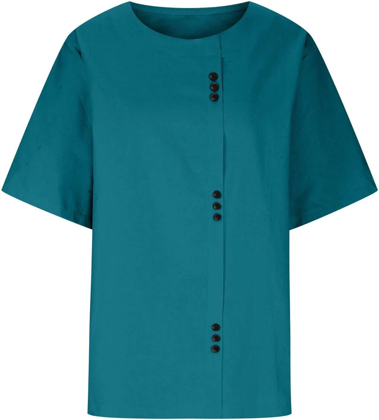 Cotton T Shirts Women Short Sleeve Crewneck Button Down Cotton Linen Blouses Causal Dressy Summer Beach Tops Pullover