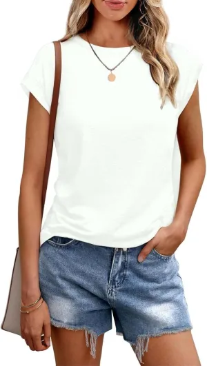 Cozy Tunic Tops for Women Crew Neck Cap Sleeve Blouse Solid Color Casual Loose Business Shirt Basic Summer Tees