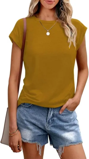 Cozy Tunic Tops for Women Crew Neck Cap Sleeve Blouse Solid Color Casual Loose Business Shirt Basic Summer Tees