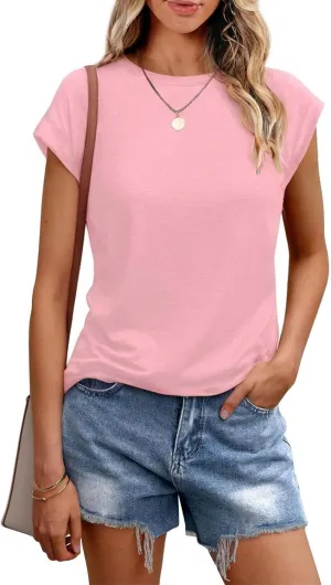 Cozy Tunic Tops for Women Crew Neck Cap Sleeve Blouse Solid Color Casual Loose Business Shirt Basic Summer Tees