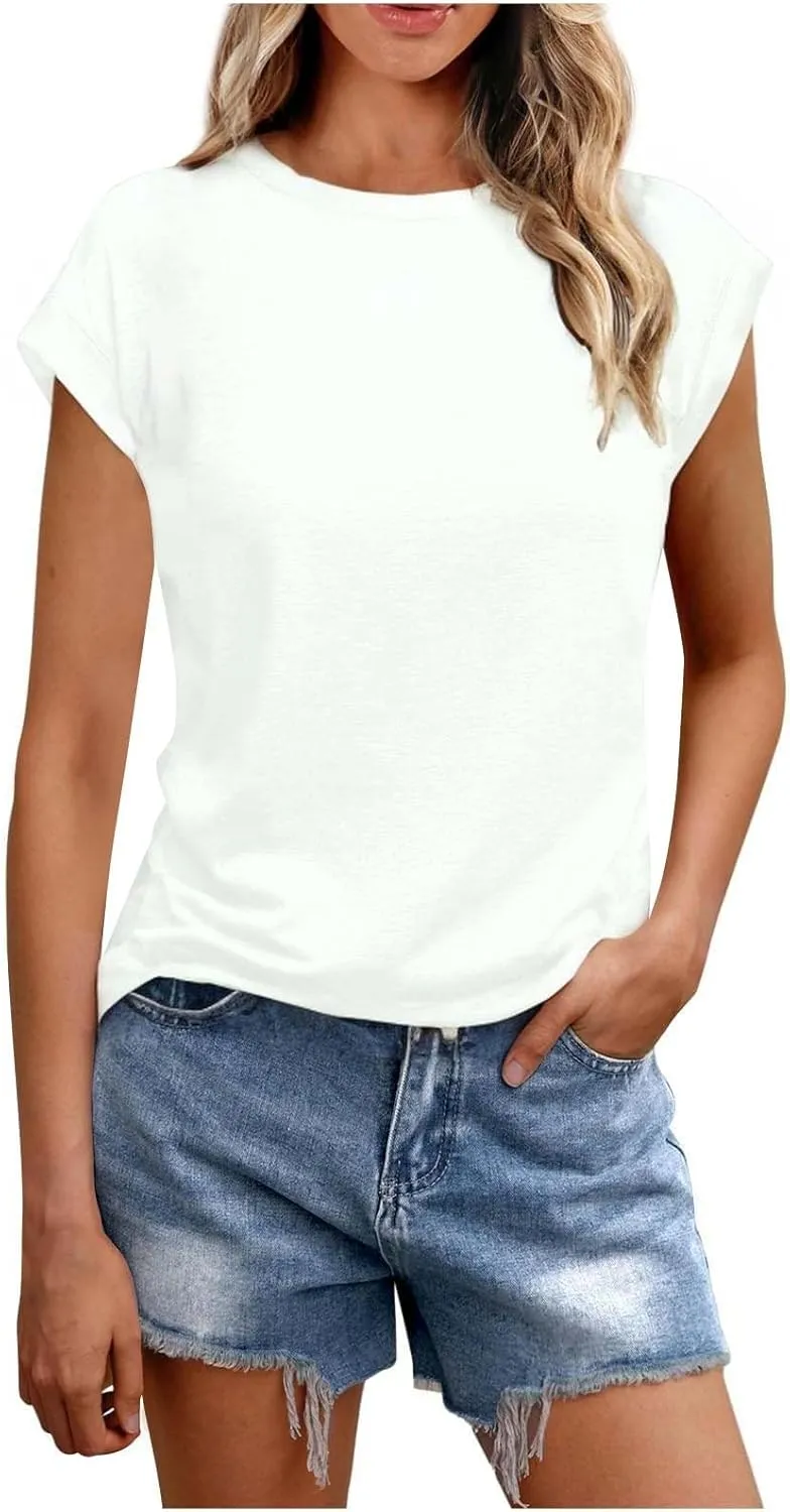 Cozy Tunic Tops for Women Crew Neck Cap Sleeve Blouse Solid Color Casual Loose Business Shirt Basic Summer Tees
