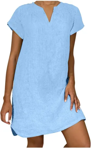 DASAYO Plus Size Linen Dresses for Women Short Sleeve Summer Tshirt Dress V Neck Loose Fit Solid Color Trendy Dresses