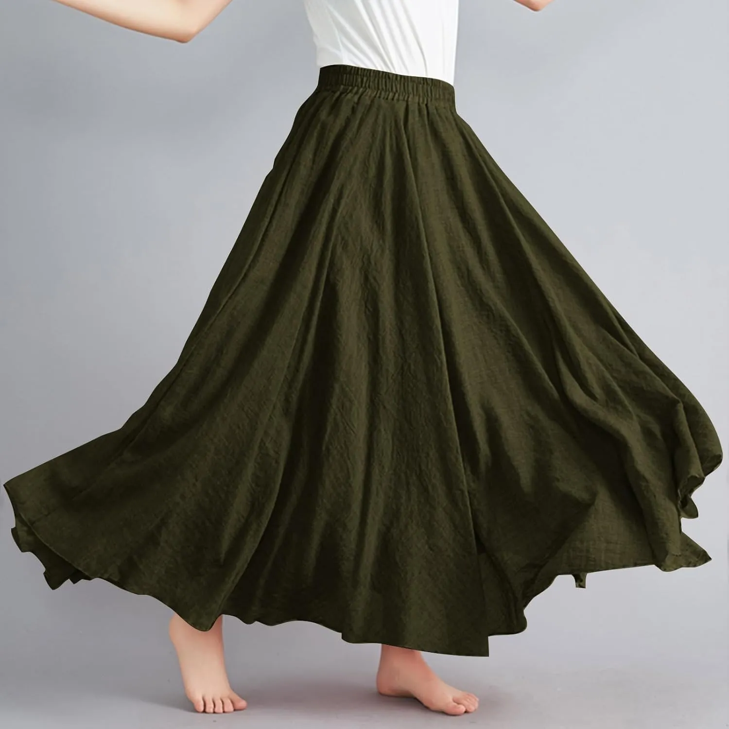 DDAPJ pyju Linen Skirts for Women Summer Bohemian Style Elastic Waist Long Maxi Skirt Loose Flowy Beach Skirt One-Size