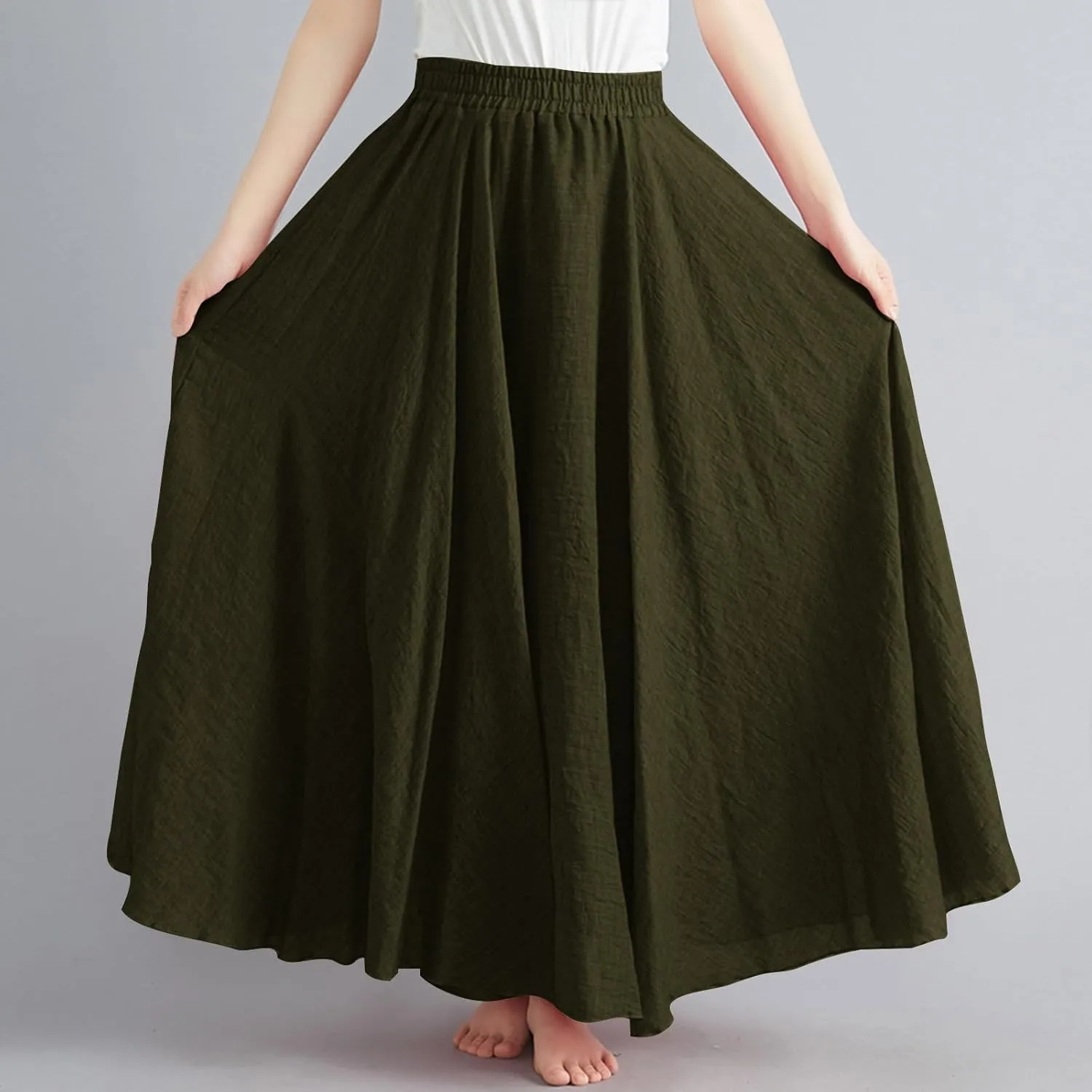 DDAPJ pyju Linen Skirts for Women Summer Bohemian Style Elastic Waist Long Maxi Skirt Loose Flowy Beach Skirt One-Size