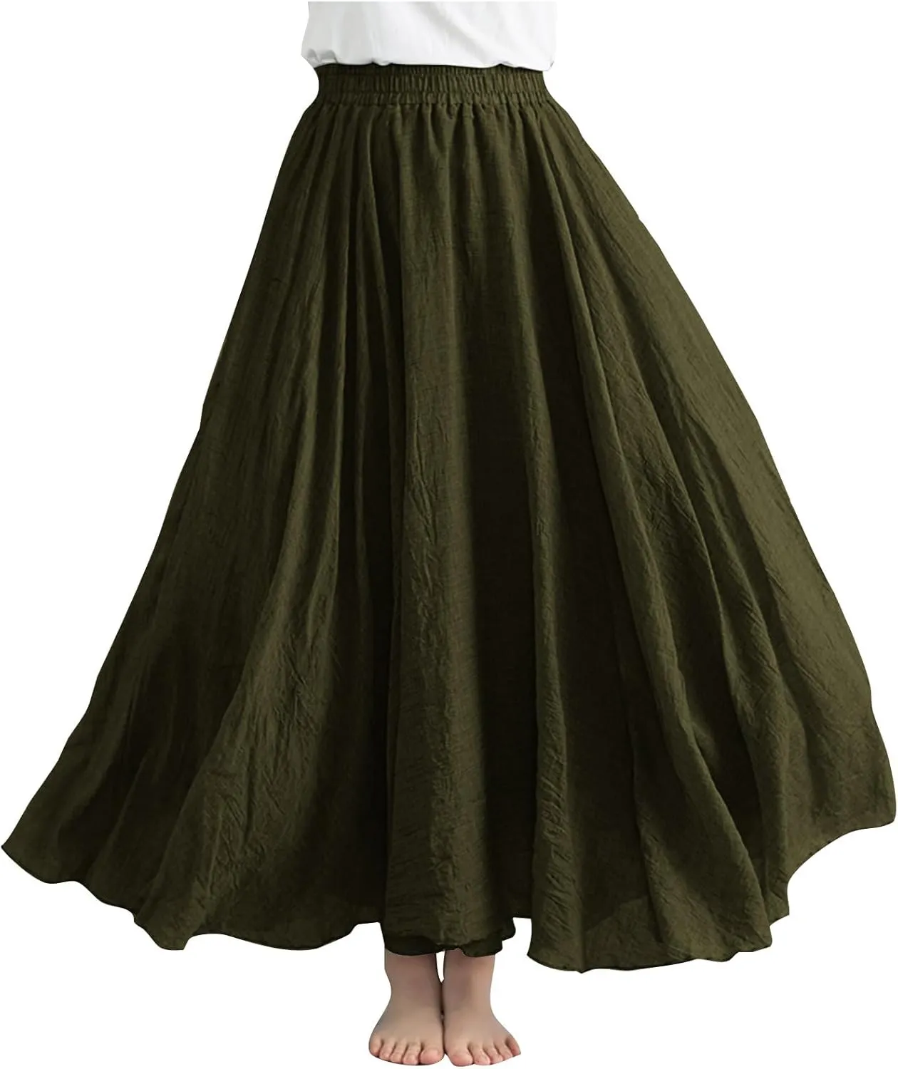 DDAPJ pyju Linen Skirts for Women Summer Bohemian Style Elastic Waist Long Maxi Skirt Loose Flowy Beach Skirt One-Size