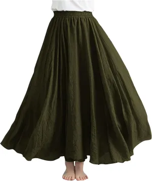 DDAPJ pyju Linen Skirts for Women Summer Bohemian Style Elastic Waist Long Maxi Skirt Loose Flowy Beach Skirt One-Size