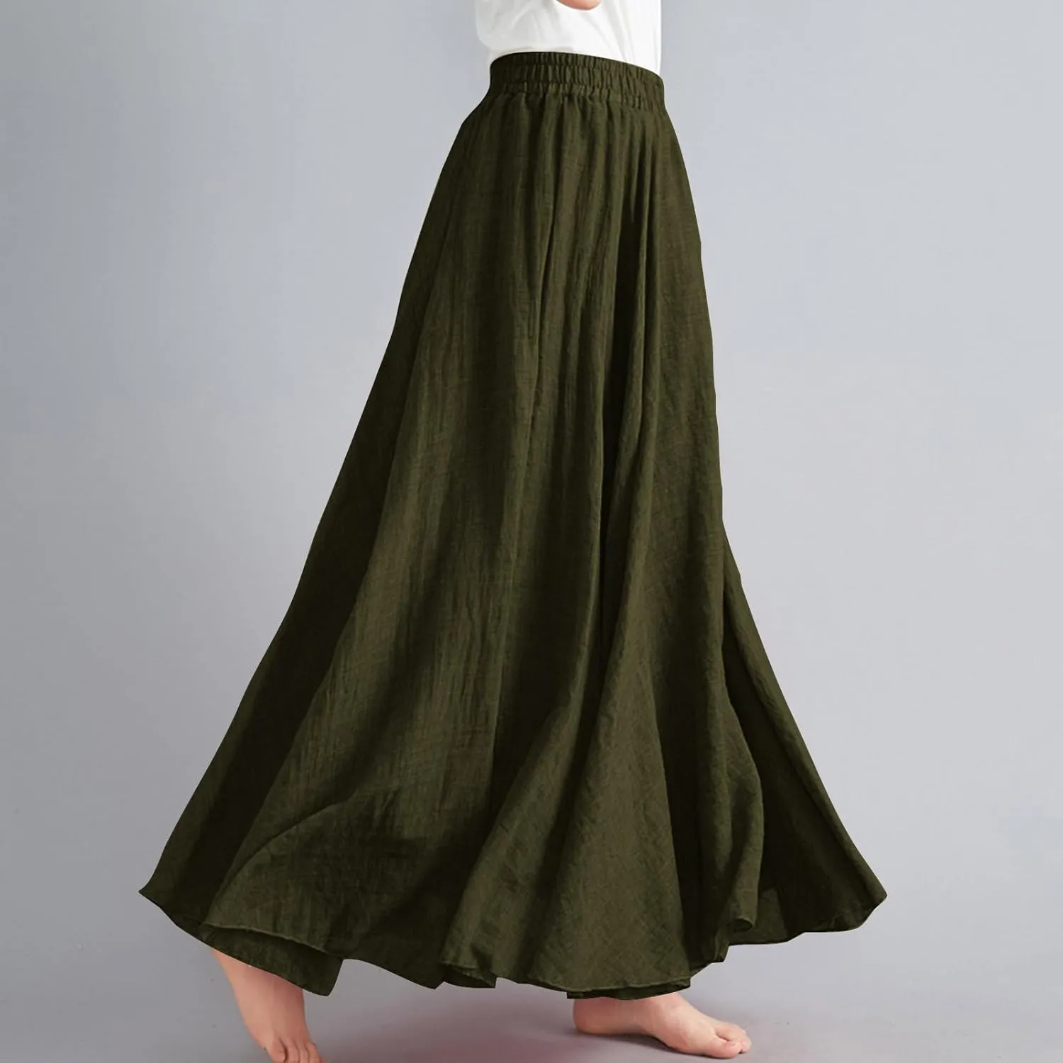 DDAPJ pyju Linen Skirts for Women Summer Bohemian Style Elastic Waist Long Maxi Skirt Loose Flowy Beach Skirt One-Size