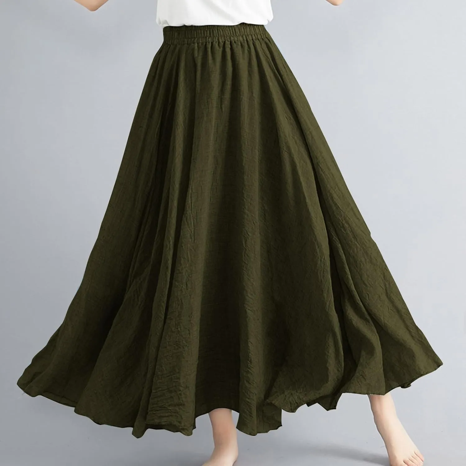 DDAPJ pyju Linen Skirts for Women Summer Bohemian Style Elastic Waist Long Maxi Skirt Loose Flowy Beach Skirt One-Size