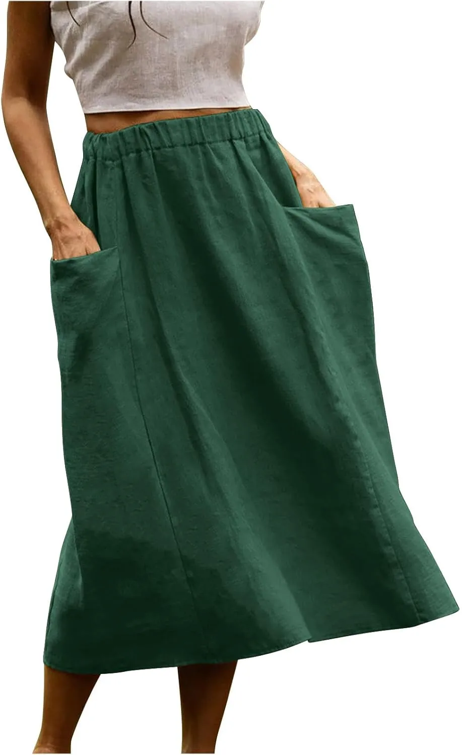 DDAPJ pyju Women Casual Cotton Linen Skirts with Pockets Elastic High Waisted A-Line Midi Skirt Loose Fit Summer Skirts