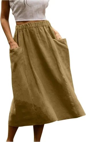 DDAPJ pyju Women Casual Cotton Linen Skirts with Pockets Elastic High Waisted A-Line Midi Skirt Loose Fit Summer Skirts
