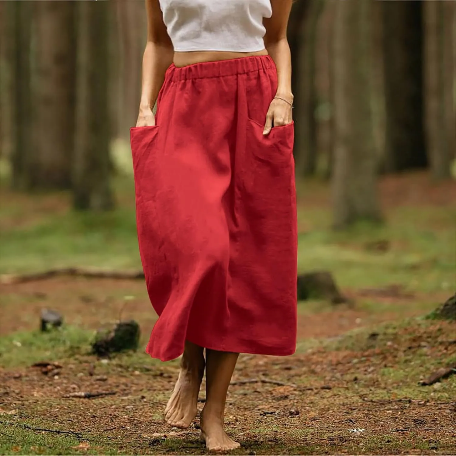 DDAPJ pyju Women Casual Cotton Linen Skirts with Pockets Elastic High Waisted A-Line Midi Skirt Loose Fit Summer Skirts