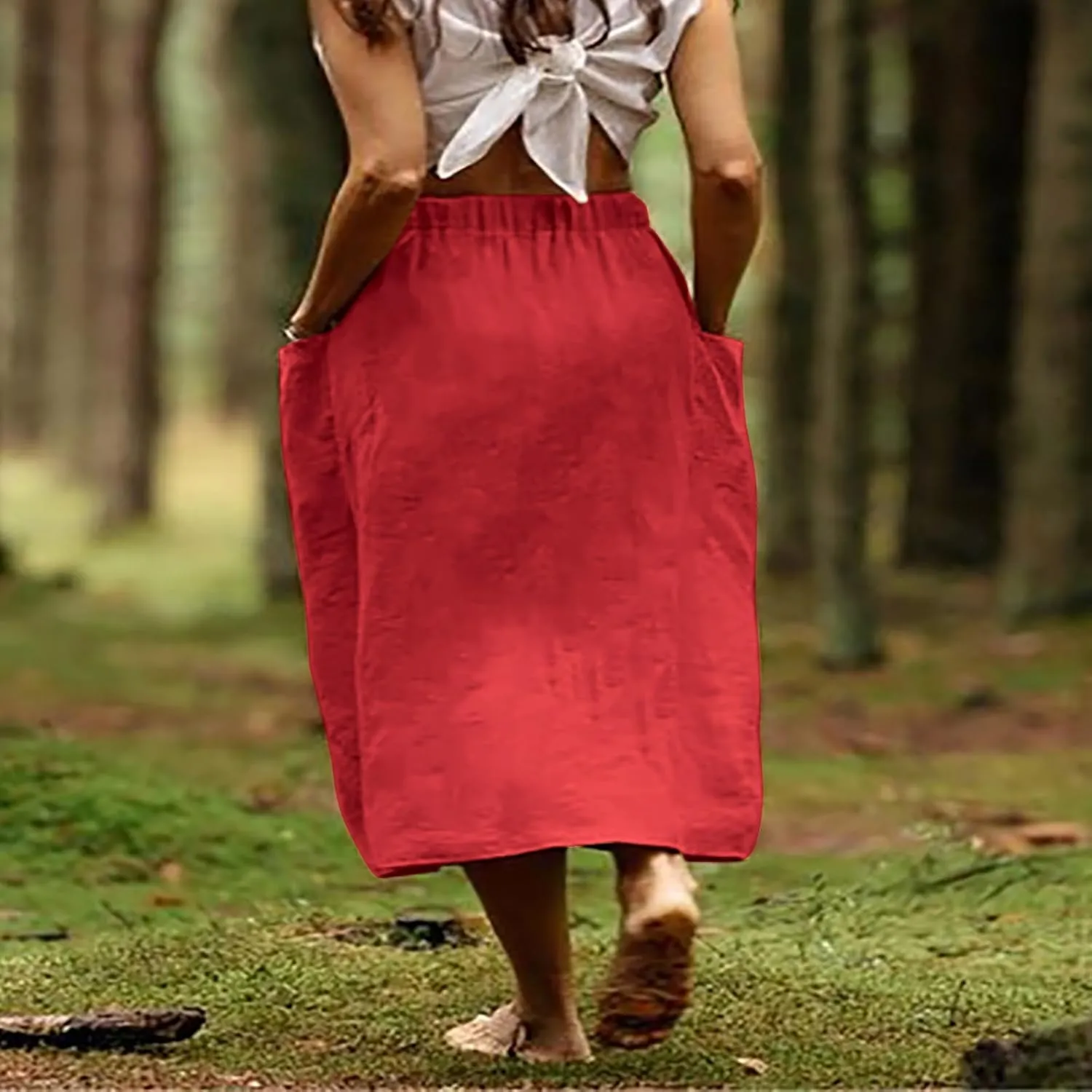 DDAPJ pyju Women Casual Cotton Linen Skirts with Pockets Elastic High Waisted A-Line Midi Skirt Loose Fit Summer Skirts