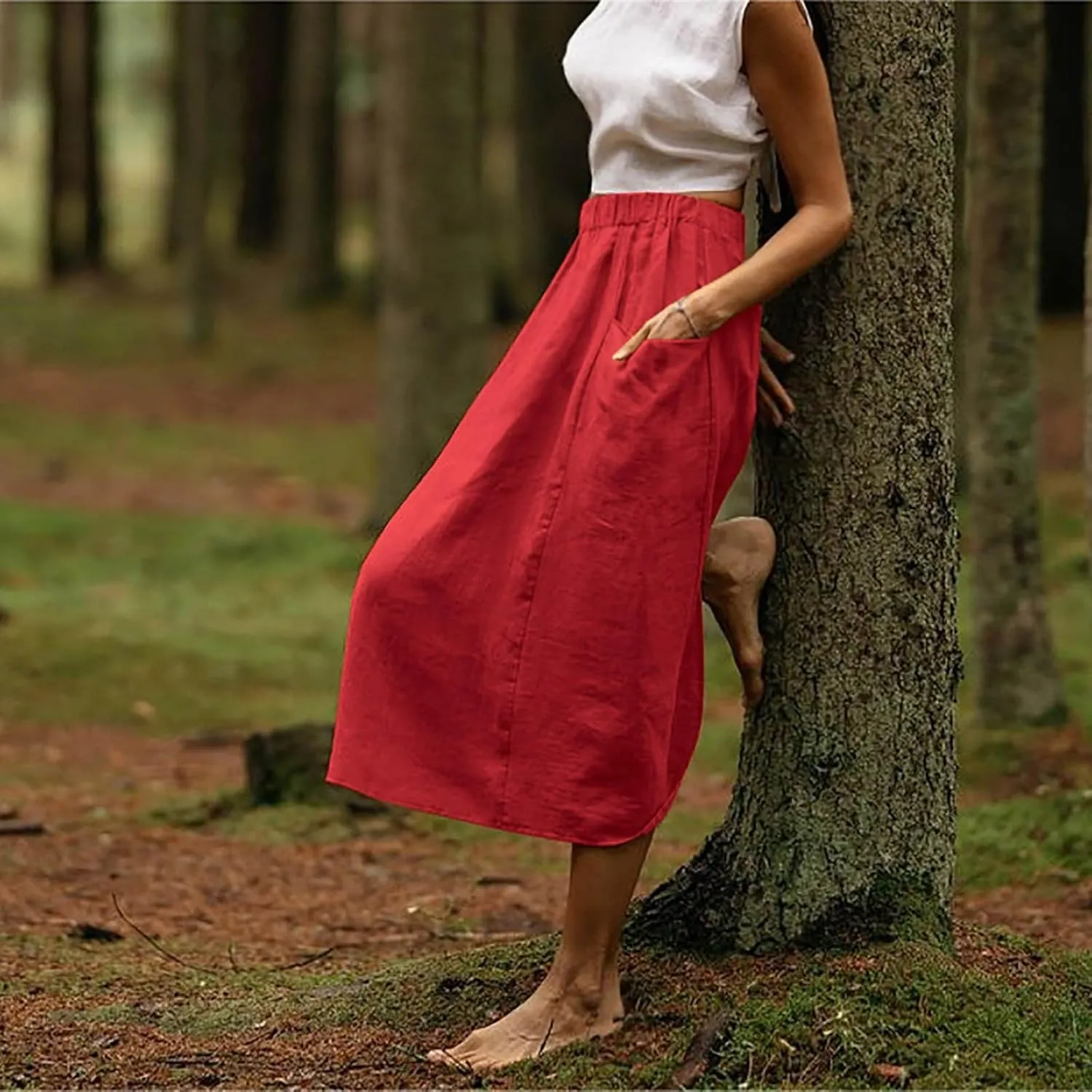 DDAPJ pyju Women Casual Cotton Linen Skirts with Pockets Elastic High Waisted A-Line Midi Skirt Loose Fit Summer Skirts