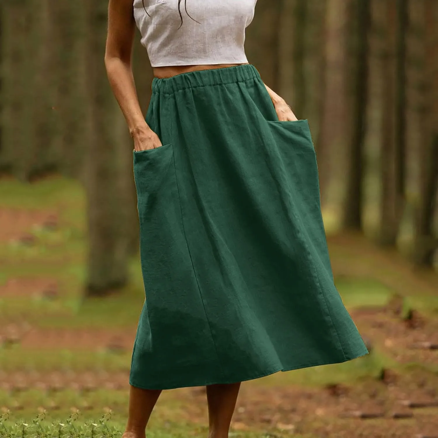 DDAPJ pyju Women Casual Cotton Linen Skirts with Pockets Elastic High Waisted A-Line Midi Skirt Loose Fit Summer Skirts