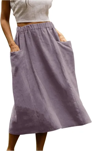DDAPJ pyju Women Casual Cotton Linen Skirts with Pockets Elastic High Waisted A-Line Midi Skirt Loose Fit Summer Skirts