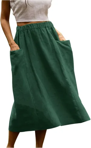 DDAPJ pyju Women Casual Cotton Linen Skirts with Pockets Elastic High Waisted A-Line Midi Skirt Loose Fit Summer Skirts