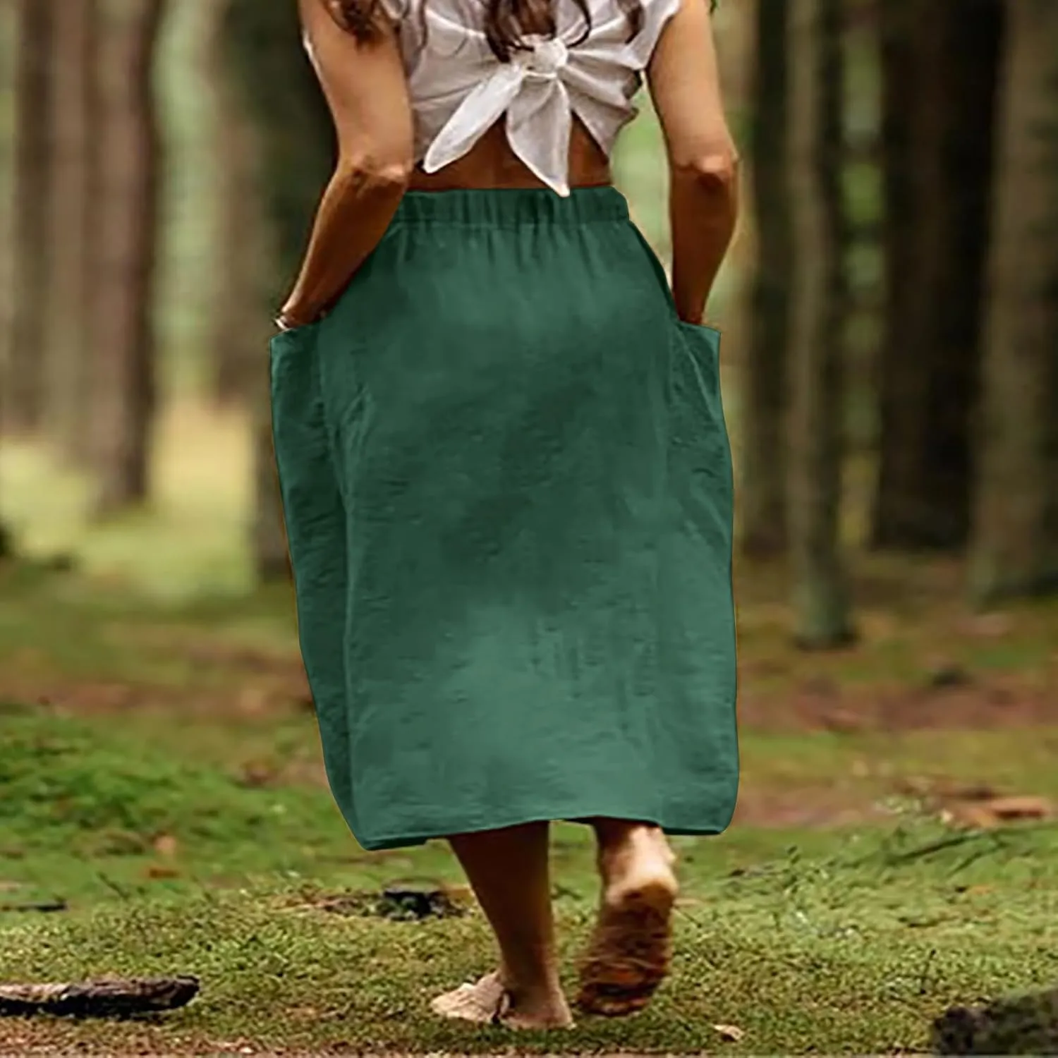 DDAPJ pyju Women Casual Cotton Linen Skirts with Pockets Elastic High Waisted A-Line Midi Skirt Loose Fit Summer Skirts