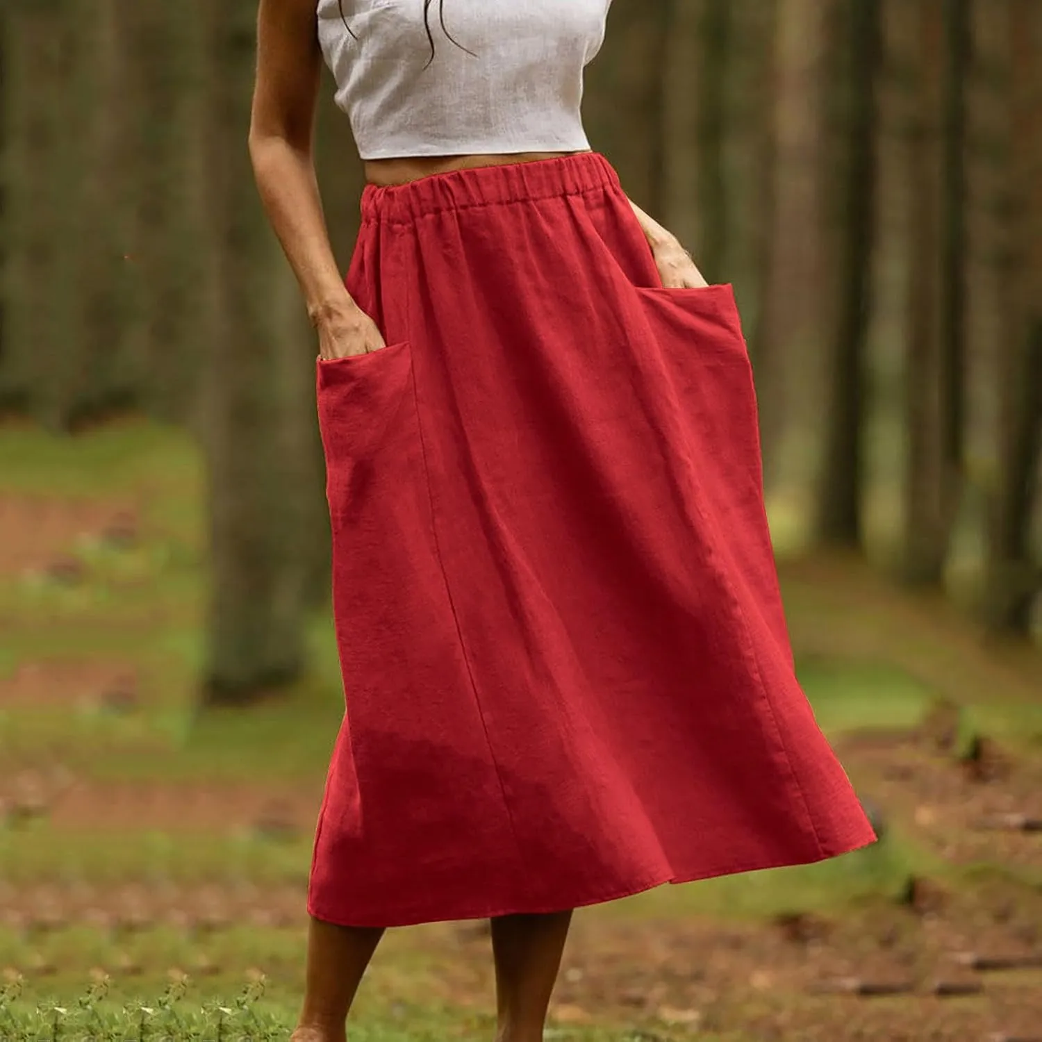 DDAPJ pyju Women Casual Cotton Linen Skirts with Pockets Elastic High Waisted A-Line Midi Skirt Loose Fit Summer Skirts